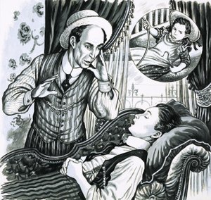 ソファで寝ている女の子と正体不明の男 作： English School