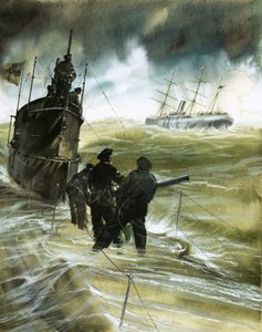 水平線上にボートを浮かべた潜水艦のデッキにいる正体不明の兵士たち