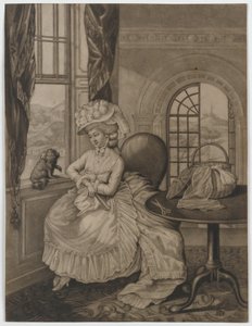 無題（小型犬に関して窓際に座っている女性）、c.1780（メゾチント） 作： English School