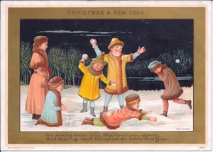 雪の中で遊び、雪玉を投げる子供たちのヴィクトリア朝のクリスマス・年賀状、1880年頃（カラーリトグラフ 作： English School