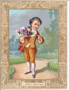 花束を持ったヴィクトリア朝の服を着た少年のクリスマスカード、1880年頃（カラーリトグラフ 作： English School