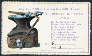 アンビルとハンマー付きのビクトリア朝のクリスマスカード 作： English School