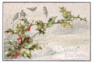 雪が降り積もる中、枝にとまる鳥を描いたヴィクトリア朝のニューイヤーカード、1880年頃（カラーリトグラフ 作： English School