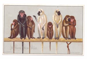 棚に乗った8匹の猿が描かれたヴィクトリア朝の年賀状、1880年頃（カラーリトグラフ）