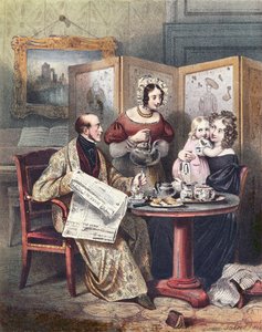 朝食時のビクトリア朝の家族、1840年頃 作： English School