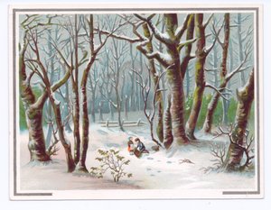 2人の子供が雪の中で枝を集めているヴィクトリア朝のグリーティングカード、1880年頃（カラーリトホ 作： English School