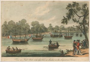 サーペンタイン川のアンカーの艦隊とハイドパークを表示します。ナウマチア。 1814年の平和 作： English School