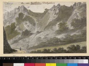 キャッスルトン、ダービーシャーの近くの景色、1790年頃（紙に鉛筆で水彩） 作： English School