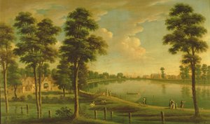 チェルシー貯水池と水道の眺め、ウェストミンスター寺院の遠景、1725年 作： English School