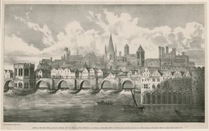 1500年頃のヘンリー7世の治世のような古いロンドン橋の眺め 作： English School