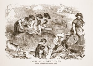 パブ、ヘンリーメイヒューによるロンドンレイバーとロンドンプアーのイラストのダストヤードのビュー。 1862 作： English School