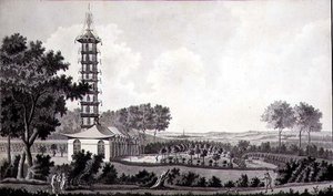 中国のパゴダのあるオランダ庭園の眺め、1770年頃（紙にペンとインクと水彩画 作： English School