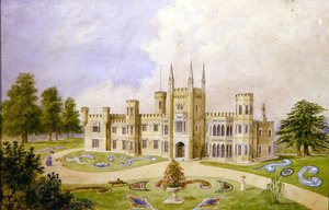 ゴシック様式のカントリーハウスとフォーマルガーデンの眺め、1840年頃（水彩・紙） 作： English School