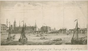 1758年の火災後の古いロンドンブリッジの眺め 作： English School