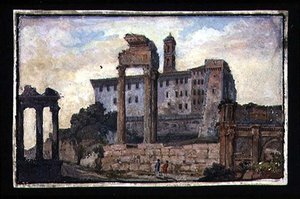 ローマ、キャピトルとカストルとポルックスの神殿の眺め、1800年頃（紙にガッシュ） 作： English School