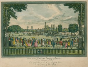 1814年8月1日に登場したロンドンのセントジェームスパークのチャイニーズブリッジとパゴダの眺め 作： English School