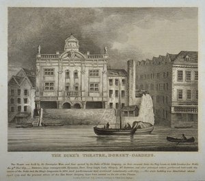 テムズ川から見たドーセットガーデンズデュークスシアターの眺め、1814年 作： English School