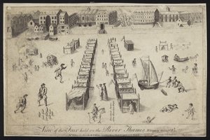 テムズ川で開催された見本市の眺め、1683〜1684年 作： English School