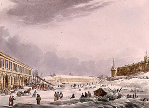 ルドルフ・アッカーマン（1764-1834）が出版した「モスクワの歴史的スケッチ」からのプレート8「モスクワの謝肉祭における氷の丘の眺め」1813年（アクアチント 作： English School