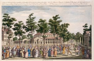 1759年5月24日、プリンスオブウェールズのジョージの誕生日を祝って、ラビラーガーデンズのジュビリーボールの様子（手描きの彫刻） 作： English School