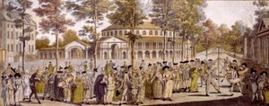 1759年5月24日、プリンスオブウェールズのジョージの誕生日を祝って、ラビラーガーデンズのジュビリーボールの様子（手描きの彫刻） 作： English School
