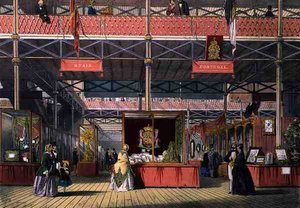 1851年の万国博覧会のスペイン・ポルトガル部門の様子（『ディッキンソンの総合的な絵』より）（カラーリトグラフ 作： English School
