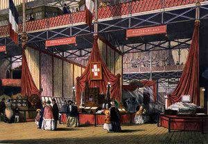 1851年の万国博覧会のスイス部門の様子（『ディッキンソンの総合的な絵』より）（カラーリトグラフ 作： English School