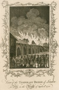 1758年4月11日の夜に火事でロンドンの一時的な橋の眺め 作： English School