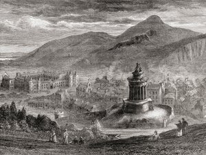 1886年に出版されたサミュエルG.グリーンによる「ペンと鉛筆で描かれたスコットランドの絵」からのカールトンヒルのバーンズ記念碑からのエジンバラの眺め 作： English School