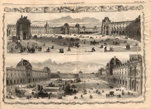 パリのルーヴル美術館（Cour Carree du Louvre）の風景。1857年8月15日の「The illustrated London News」に掲載された図版。 作： English School