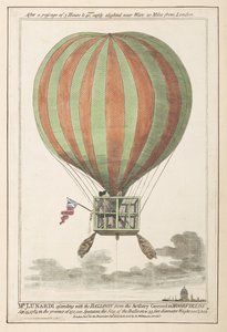 1784 年 9 月、ムアフィールズからの上昇後に空中に浮かぶヴィンセント・ルナルディ (色付きの彫刻) 作： English School