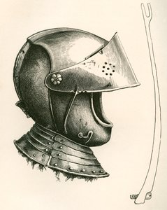Visored kypärä vuodelta 1643. Sivulla oleva osa on täysikokoinen visiirin tuki, jota käytetään pitämään visiirin eri kulmissa käytetyn loven mukaan, julkaisusta The British Army: Its Origins, Progress and Equipment, julkaistu 1868. 作： English School