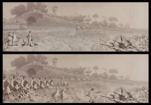ワームウッドスクラブでのボランティアレビュー、ハマースミスのマイター酒場とマイター橋の様子、1800年頃（紙に洗って） 作： English School
