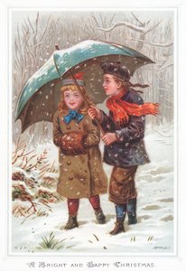 雪の嵐、クリスマスカードの傘の下を歩く 作： English School