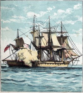 1812年の米英戦争：1813年06月01日、ボストン沖でイギリスのフリゲート艦「シャノン」と海戦した際の「チェサピーク号」の船体。