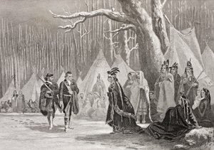 ワシントンとギストが1880年頃に出版された「歴史的肖像画のギャラリー」からインディアンの女王アリキッパを訪問 作： English School