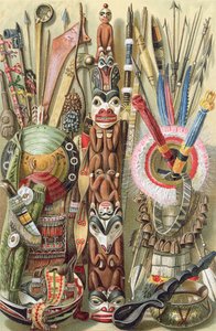 1896年のフリードリッヒラッツェル教授による「人類の歴史」第1巻からのアメリカインディアンの武器、調理器具、装飾品 作： English School