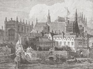 チャールズ1世の治世中にテムズ川から見たウェストミンスターホール、1625-49年頃 作： English School
