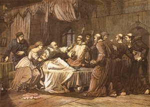 T.ボルトンが刻印した、兄弟が襲った死のベッドの上のウィクリフ 作： English School