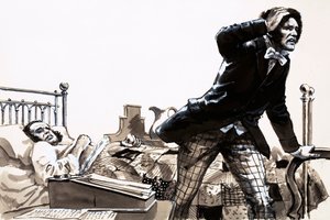 病と闘いながら口述筆記を行ったウィルキー・コリンズの小説「ムーンストーン」（紙にガッシュ 作： English School