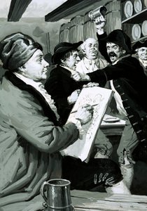 ウィリアム・ホガースが最初に描いた風刺画は、酒場の喧嘩がきっかけだった（紙にガッシュ 作： English School
