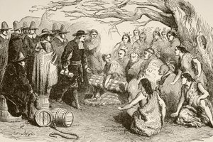 1682年、ウィリアム・ペンがデラウェア族またはレナペ族と条約を結ぶ（リトグラフ）。 作： English School