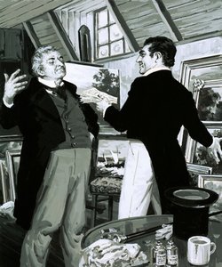 一握りの紙幣と絵画を交換したウィリアム・ターナー（紙にガッシュ 作： English School