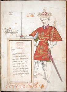 ウィリアム征服王、甲冑と陣羽織を身にまとったイギリスの王、詩の書かれたプラーク (ベラム) を提示 作： English School
