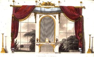 ブドワールのための窓のカーテン、アッカーマンの「芸術のリポジトリ」（1809年刊）のプレート3（カラーリトグラフ 作： English School