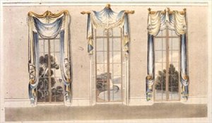 窓辺のドレープ、1820年発行のアッカーマンの「芸術のリポジトリ」のプレート112（カラーリトグラフ） 作： English School