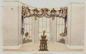 1820年に出版された「アッカーマンの芸術のリポジトリ」のプレート113に掲載された窓辺のドレープ（カラーリトグラフ 作： English School