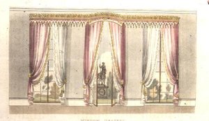 窓のドレープ、1820年発行の「アッカーマンの芸術のリポジトリ」のプレート114（カラーリトグラフ） 作： English School