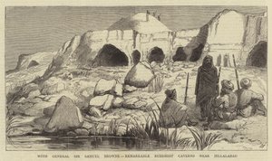サミュエル・ブラウン将軍と一緒にジェララバードの仏陀の洞窟を見た時の様子（彫刻 作： English School