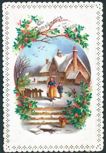 女性と雪の中、クリスマスカードを歩く少年 作： English School